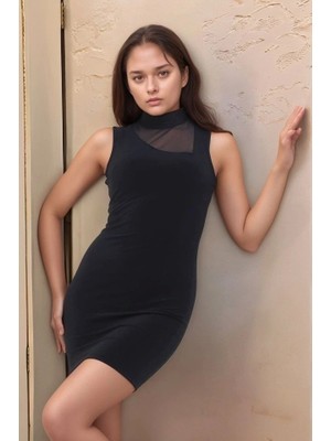 Fy Butik Kadın Yarım Balıkçı Yaka Tül Detaylı Sandy Kumaş Fırsat Ürün Diz Üstü Elbise