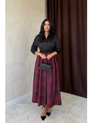 Fy Butik Bordo Leopar Büzgülü Uzun Etek