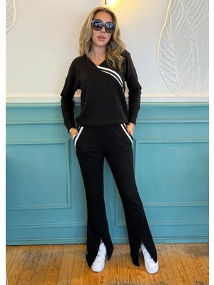 Fy Butik Kadın Ribana Detay Bluz ve Ispanyol Paça Yırtmaçlı Pantolon Ikili Takım