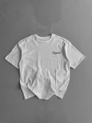 Baskılı Oversize Bisiklet Yaka T-Shirt - Beyaz