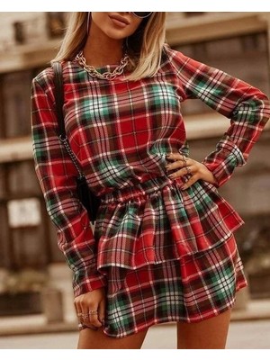 Fy Butik Kadın Ekose Kumaş Dijital Baskılı Uzun Kollu Mini Boy Elbise