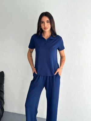 Fy Butik Osy Modal Yumuşak Dokulu Kumaş Kısa Kollu Yakalı T-Shirt Pantalon Ikili Takım- Lacivert