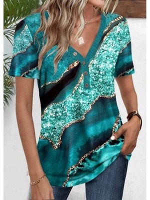 Fy Butik Kadın Kısa Kollu V Yakalı Önden Düğmeli Baskılı Süprem Bluz