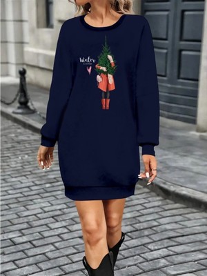 Kadın Uzun Kollu Bisiklet Yaka Desenli Kısa Viskon Iki Iplik Elbise