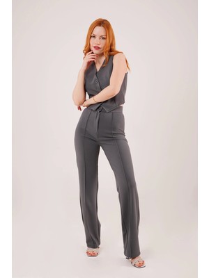 Ön Dikiş Detaylı Tek Düğme Gri Pantolon