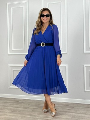 Barış Beauty Kadın Şifon Kumaş Astalı Kloş Kesim Kruvaze Yaka Midi Boy Elbise