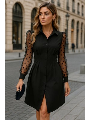 Fy Butik Kadın Uzun Puantiyeli Tül Kol Gömlek Yakalı Önden Düğmeli Ithal Krep Elbise