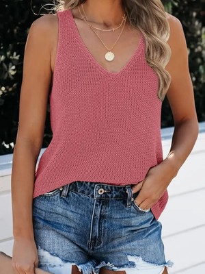 Barış Beauty Kadın Kolsuz V Yaka Kalın Askılı Triko Bluz