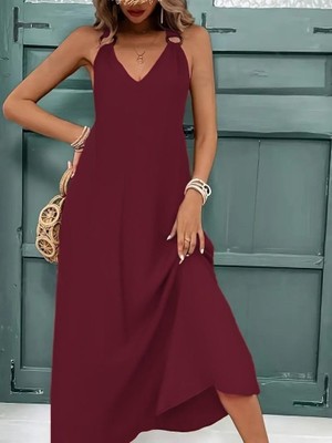 Barış Beauty Kadın Askılı V Yakalı Halka Detaylı Maksi Boy Viskon Elbise