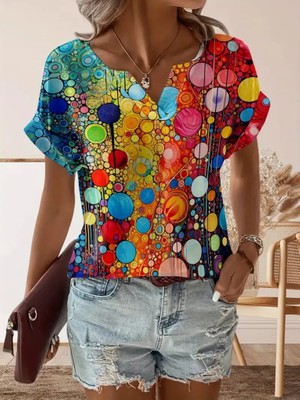 Barış Beauty Kadın Kısa Kollu V Yakalı Desenli Süprem Bluz