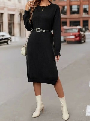 Fy Butik Kadın Uzun Kollu Bisiklet Yaka Yandan Yırtmaçlı Midi Triko Elbise(Kemersiz)