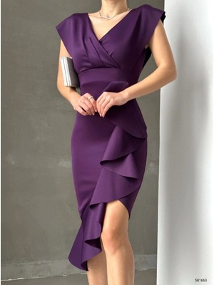 Scuba Kumaş Önü Fırfırlı Midi Boy Elbise