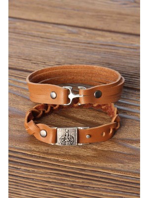 Metal Aksesuarlı Kahverengi Deri Erkek Bileklik Kombin