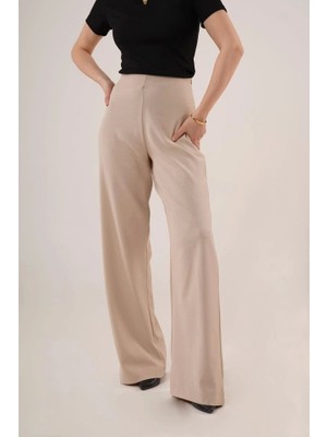 Bol Paça Yandan Fermuarlı Krem Kumaş Pantolon