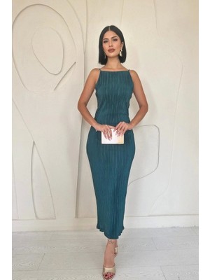 Fy Butik Zümrüt Piliseli Halter Boyun Elbise