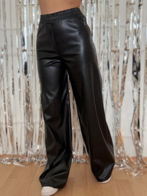 Barış Beauty Kadın Yılbaşı Özel Yüksek Bel Beli Lastikli Geniş Paçalı Deri Pantolon