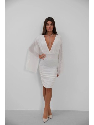 Fy Butik Yarasa Kol Kruvaze Sırt Dekolteli Pullu Elbise