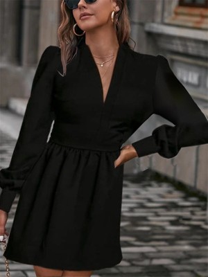 Barış Beauty Kadın Uzun Kollu V Yaka Belden Hafif Pileli Scuba Krep Mini Boy Elbise