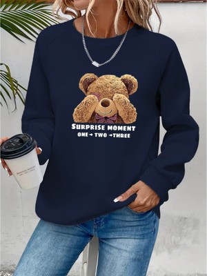 Barış Beauty Kadın Uzun Kollu Bisiklet Yaka Ayıcık Desenli Viskon Iki Iplik Bluz