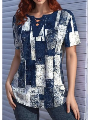 Barış Beauty Kadın Kısa Kollu Yakası Bağcıklı Kuş Gözü Detay Süprem Bluz