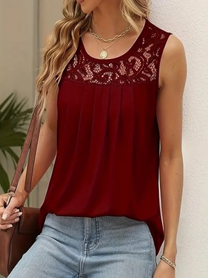 Barış Beauty Kadın Askılı Yuvarlak Yaka Dantel Detaylı Viskon Bluz