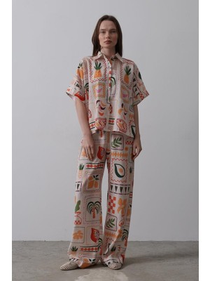 Barış Beauty Baskılı Kısa Kol Pantolon Takım - Taş-Oranj