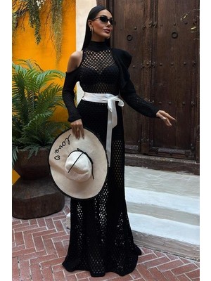 Barış Beauty Saten Kuşaklı Ajurlu Triko Elbise 2847