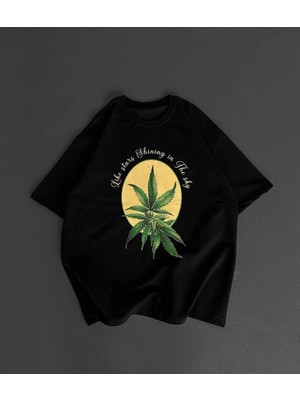 Ön ve Arka Baskılı Oversize Bisiklet Yaka T-Shirt- Siyah