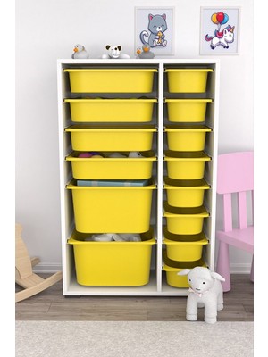 Pratico Rine Çok Amaçlı Sarı Oyuncak Dolabı 14 Sepetli 69x30x109 cm Suntalam Malzeme