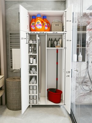 Montenero Büyük Boy Banyo Dolabı 4 Kapaklı Süpürgelik Kova Paspas Beyaz 80x205 Cm