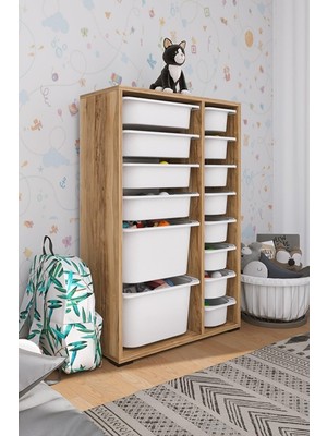 Pratico Rine Çok Amaçlı Oyuncak Dolabı Tropik Ceviz 2D4K8U 14 Sepetli 69x30x109 cm 1. Sınıf Suntalam Malzeme