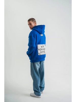 Unisex Kapşonlu Uzun Kol Patchli Nakışlı Sweatshirt - Mavi