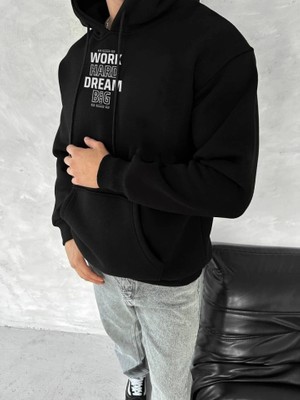 Kışlık Üç Iplik Kapşonlu Sweatshirt - Siyah