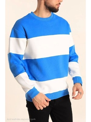 Parçalı Bisiklet Yaka Baskılı Sweatshirt - Mavi