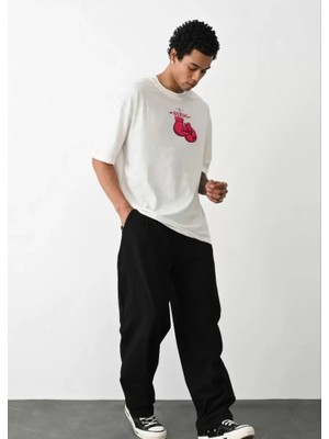 Fy Butik Unisex Bisiklet Yaka Baskılı Oversize T-Shirt - Beyaz