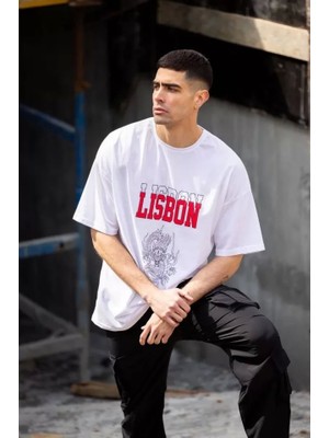 Fy Butik Unisex Bisiklet Yaka Baskılı Oversize T-Shirt - Beyaz
