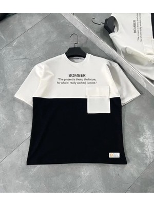 Unisex Torba Cep Detaylı  Parçalı T-Shirt - Siyah