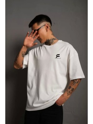 Fy Butik Unisex Bisiklet Yaka Baskılı Oversize T-Shirt - Beyaz