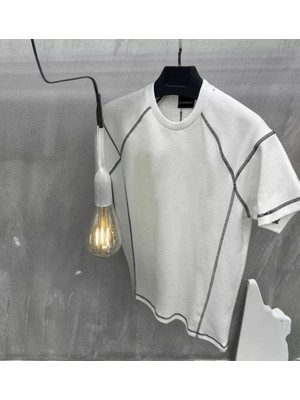 Unisex Karoyaka Dikişli Oversize T-Shirt - Beyaz
