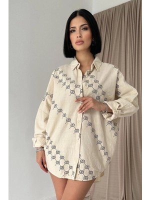 Bej Boyamalı Keten Baskılı Taşlı Gömlek