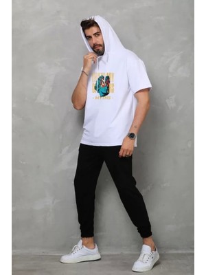 Fy Butik Unisex Kapşonlu Kolsuz Oversize Baskılı Tişört - Beyaz