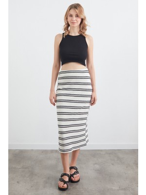 Çizgili Beli Lastikli Triko Etek