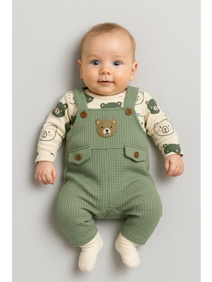 Ayı Nakışlı Erkek Bebek Tulum 3’lü Tulum Seti – Zıbın, Tulum ve Çorap | 3-6-9 Ay Bebek Kıyafeti