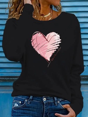 Kadın Uzun Kollu Bisiklet Yaka Kalp Desenli Viskon Bluz