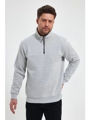 Oversize Yarım Farmuarlı Yakalı Basic Sweatshirt - Gri