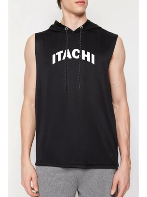 Unisex Kapşonlu Kolsuz Baskılı Oversize T-Shirt - Siyah