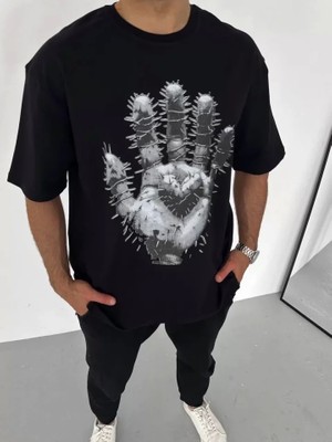 Fy Butik Unisex Bisiklet Yaka Baskılı Oversize T-Shirt - Siyah
