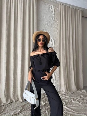 Keten Madonna Yaka Kol Hasır Şerit - Pantolon Takım - Siyah