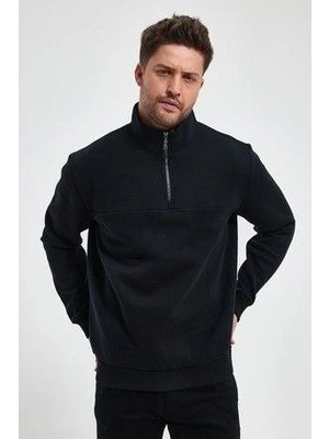 Oversize Yarım Farmuarlı Yakalı Basic Sweatshirt - Siyah