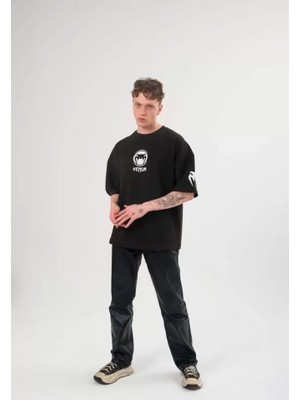 Fy Butik Unisex Bisiklet Yaka Baskılı Oversize T-Shirt - Siyah